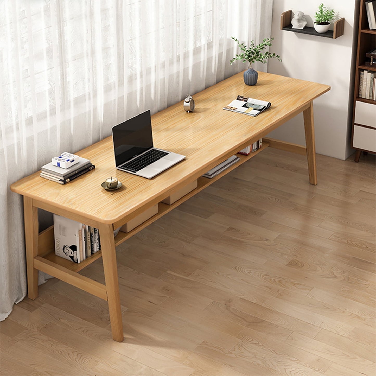 NELYE Extra Long Desk with Bookshelf - 63 Inches Home Office Work Study Extra Long Table, Wooden 2-Person Computer Workstation with Storage Shelf in Oak, 63inWx24inDx30inH