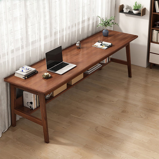 NELYE Extra Long Desk with Bookshelf - 63 Inches Home Office Work Study Extra Long Table, Wooden 2-Person Computer Workstation with Storage Shelf in Walnut, 63inWx20inDx30inH