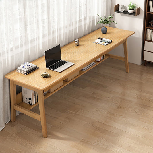 NELYE Extra Long Desk with Bookshelf - 71 Inches Home Office Work Study Extra Long Table, Wooden 2-Person Computer Workstation with Storage Shelf in Oak, 71inWx20inDx30inH