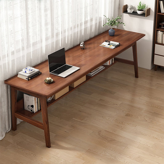 NELYE Extra Long Desk with Bookshelf - 71 Inches Home Office Work Study Extra Long Table, Wooden 2-Person Computer Workstation with Storage Shelf in Walnut, 71inWx20inDx30inH