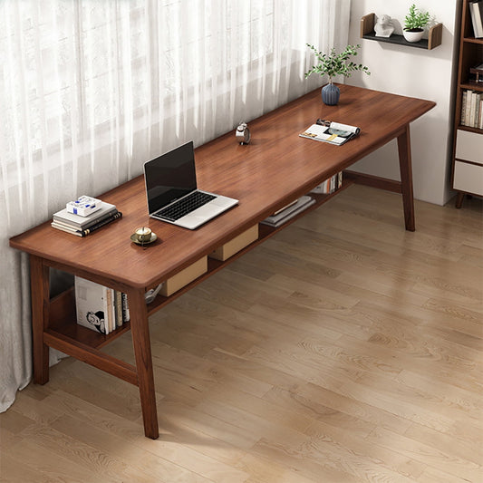 NELYE Extra Long Desk with Bookshelf - 71 Inches Home Office Work Study Extra Long Table, Wooden 2-Person Computer Workstation with Storage Shelf in Walnut, 71inWx24inDx30inH