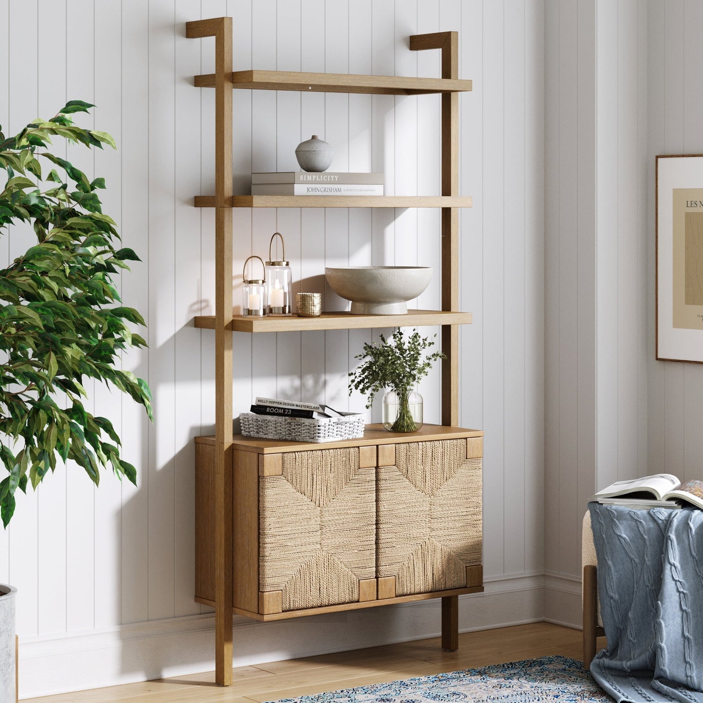 Nathan James Beacon 3-Shelf Solid Wood Bookshelf with Storage Cabinet, Bohemian Wall Mounted Shelf with Seagrass Door Fronts