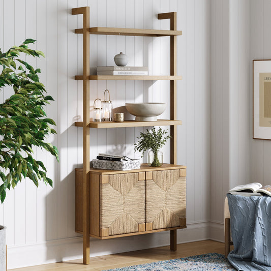 Nathan James Beacon 3-Shelf Solid Wood Bookshelf with Storage Cabinet, Bohemian Wall Mounted Shelf with Seagrass Door Fronts