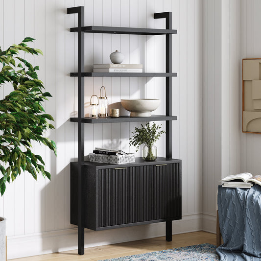 Nathan James Jasper 3-Shelf Solid Wood Boho Bookshelf, Wall Mounted Bookshelf with Cabinet with Fluted Doors, Black Oak