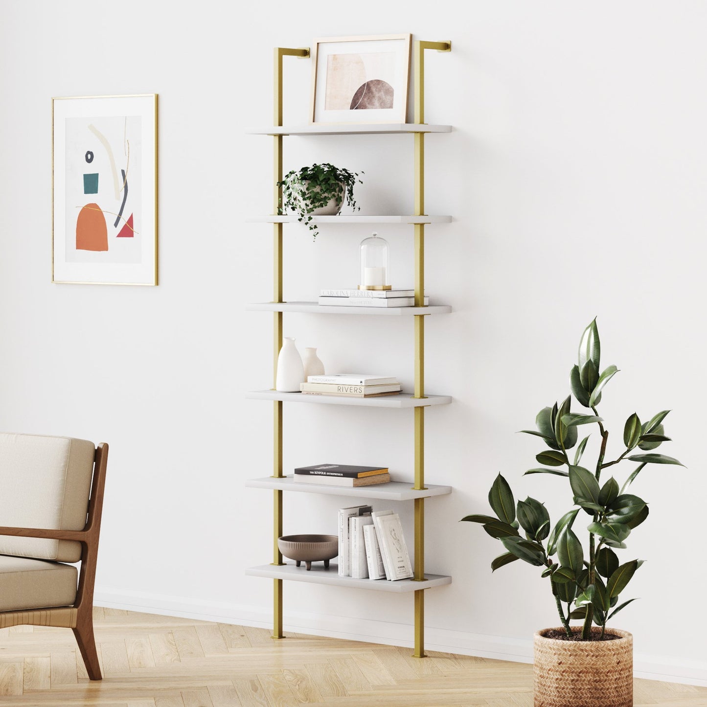 Nathan James Theo 6-Shelf Tall Bookcase Wall Mount Bookshelf White Wood with Gold Brass Metal Frame White/Gold