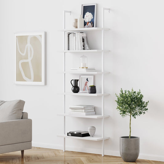 Nathan James Theo 6-Shelf Tall Bookcase Wall Mount Bookshelf White Wood with White Metal Frame White