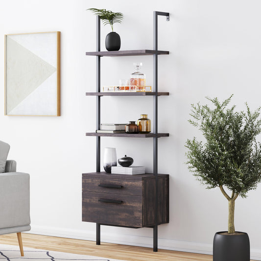 Nathan James Theo Open Shelf Industrial Bookcase with Drawers in Warm Nutmeg Wood and Black Steel Frame