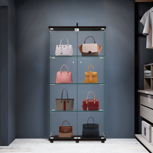 Glass Display Cabinet Bookcase Glass Frame Bookshelf Brown Double door 64.5inx32inx14.4in