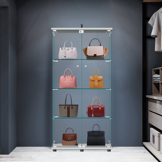 Glass Display Cabinet Bookcase Glass Frame Bookshelf White Double door 64.5inx32inx14.4in