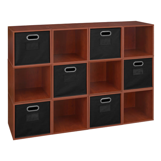 Niche Cubo Storage Organizer Open Bookshelf Set- 12 Cubes 6 Canvas Bins- Cherry/Black