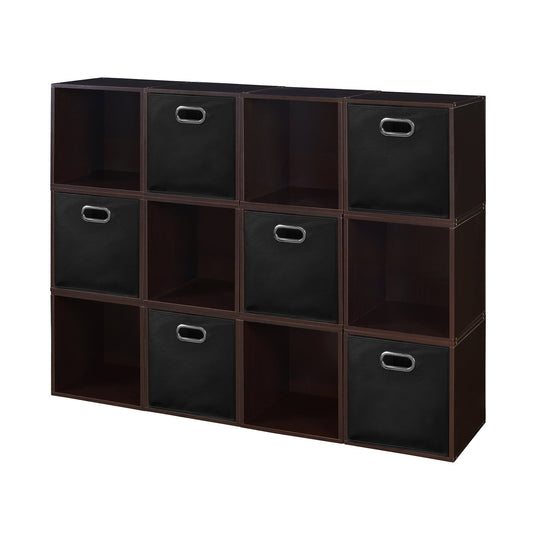 Niche Cubo Storage Organizer Open Bookshelf Set- 12 Cubes 6 Canvas Bins- Truffle/Black