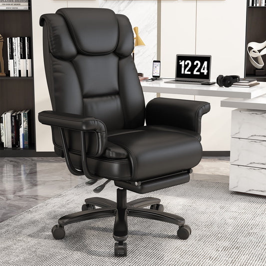 HomeZeer Big and Tall Office Chair 400lbs,Reclining Office Chair with Footrest,High Back Leather comfortable office Chair for Heavy People, Swivel Ergonomic Executive Desk Chair, Black