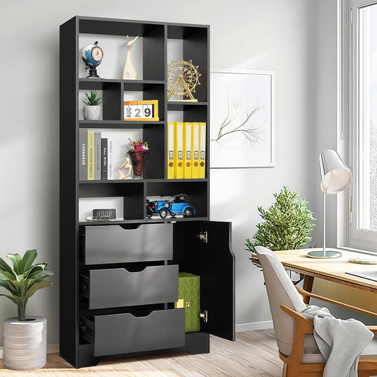 Funcid Bookshelf with Door and Drawers, 71in Tall Bookcase with 5 Tier Open Shelves Wood Cube Storage Organizer for Home Office Hallway Study Room, Black
