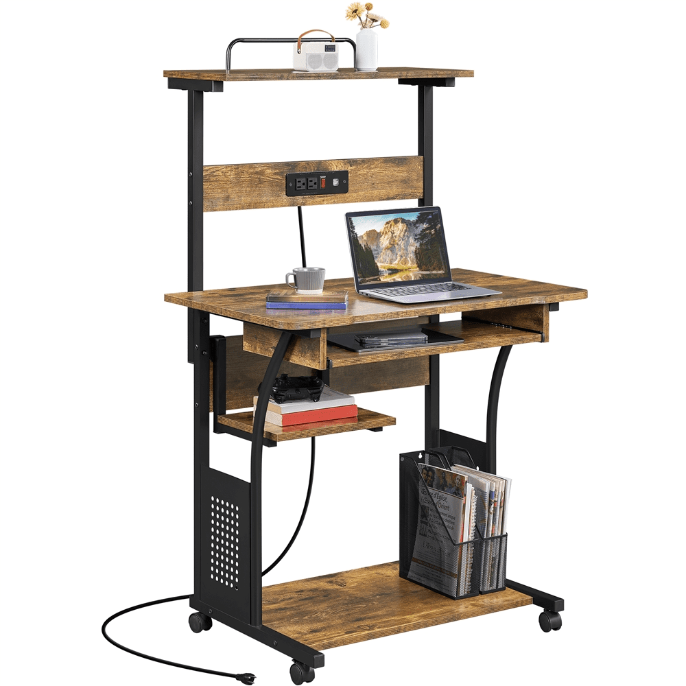 Alden Design 3 Tiers Computer Desk with Charging Station Printer Shelf for Home Office, Rustic Brown