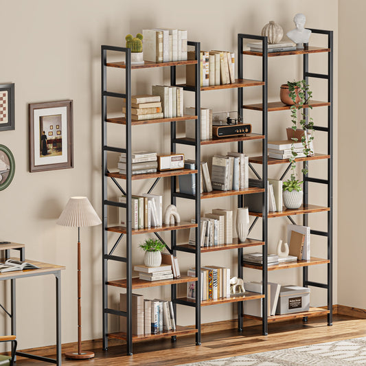 Extra Savings! SUPERJARE 6 Tier Bookshelf, Triple Bookcase with 17 Open Shelves, Wide Book Shelf Book Case for Living Room, Home Office, Rustic Brown - Walmart.com