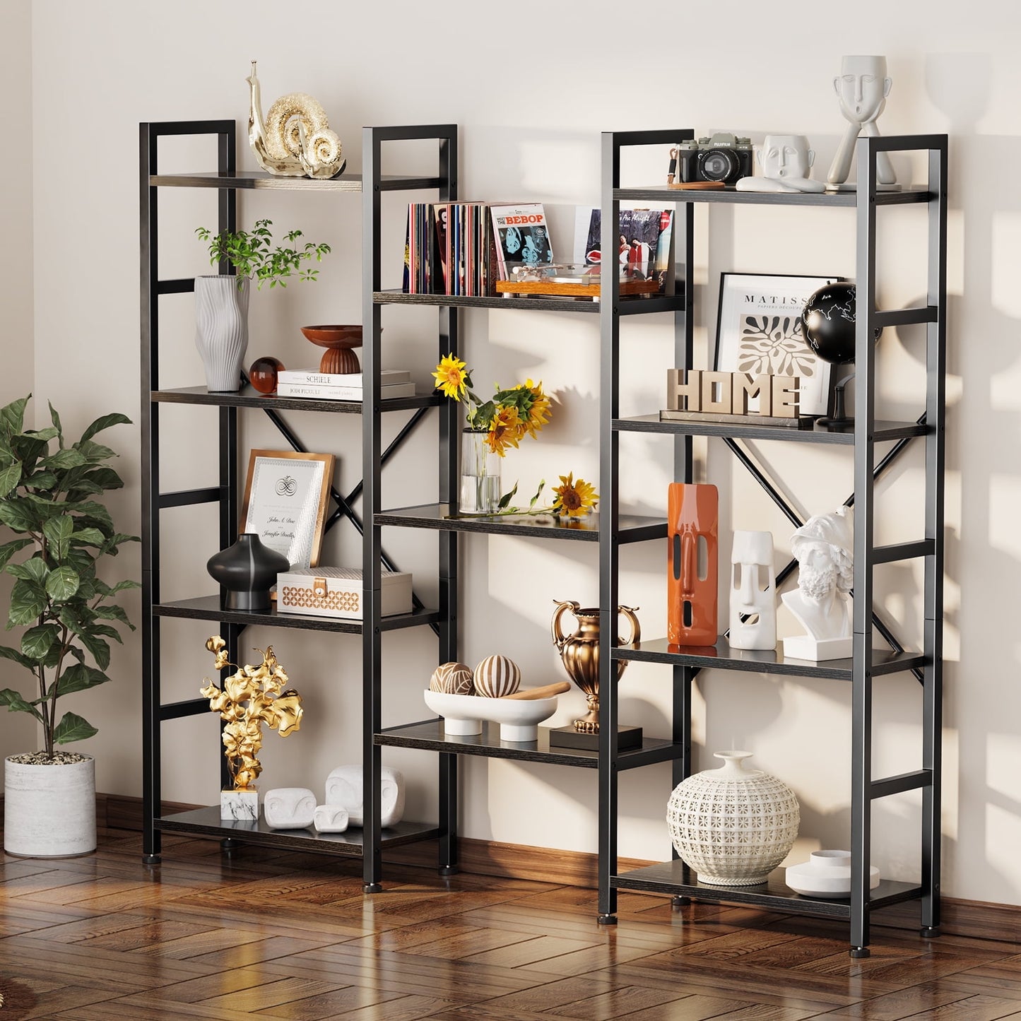 Extra Savings! 4 Tiers Industrial Bookcase and Bookshelf, Metal Wood 11 Display Shelves, Large Book Shelf for Living Room, Storage Shelf Organizer, Book Case in Black - Walmart.com