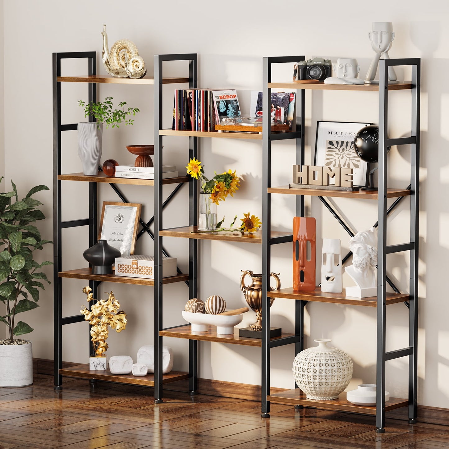 Extra Savings! SUPERJARE Tiered Bookshelf, 4-Tier, 11-Open Display Wood Shelves, Wide Metal Bookcase Unit, Rustic Brown - Walmart.com