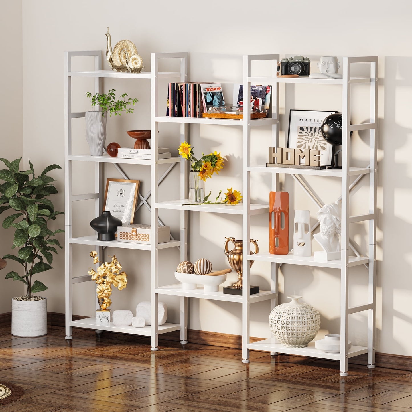 Extra Savings! 4 Tiers Industrial Bookcase and Bookshelf, Metal Wood 11 Display Shelves, Large Book Shelf for Living Room, Storage Shelf Organizer, Book Case in White - Walmart.com