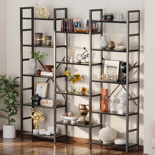 5 Tiers Industrial Bookcase and Bookshelf, Metal Wood 11 Display Shelves, Large Book Shelf for Living Room, Storage Shelf Organizer, Book Case in Black