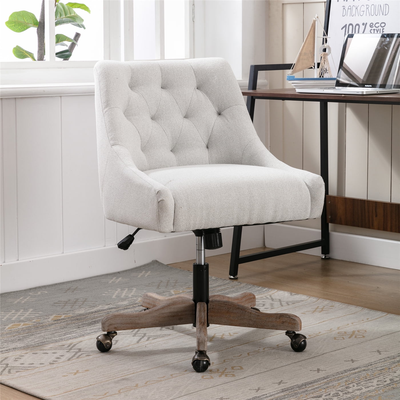 Modern Tufted Linen Swivel Office Chair, Wood Base & Rolling Wheels, Adjustable, Beige