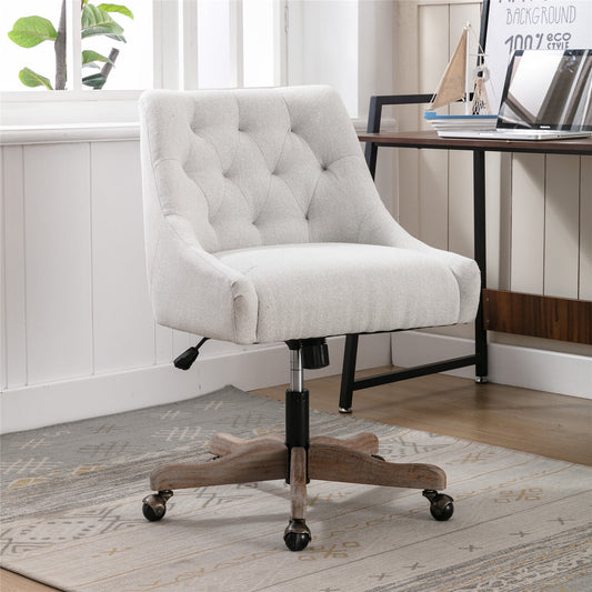 Modern Tufted Linen Swivel Office Chair, Wood Base & Rolling Wheels, Adjustable, Beige