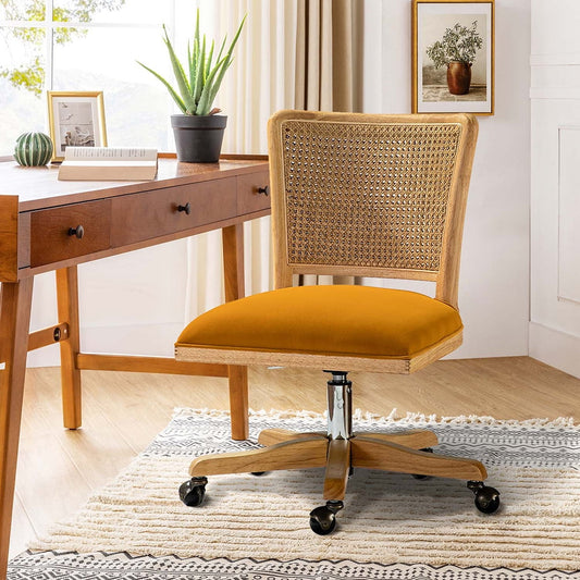 Contemporary Swivel Task Chair, Cute Rattan Back Office and Computer Chair for Adult, Yellow
