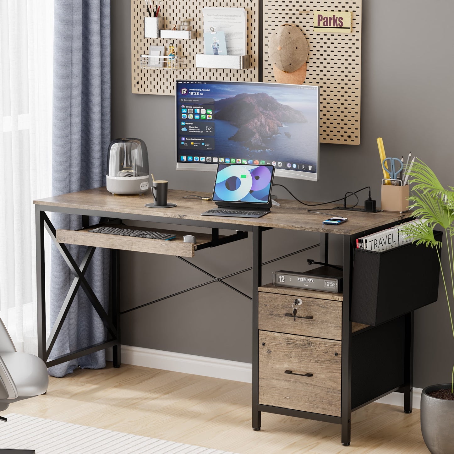 Eunon 55 inch Computer Desk with Lockable Drawers & Power Outlet & Keyboard Tray Home Office Desk, Grey