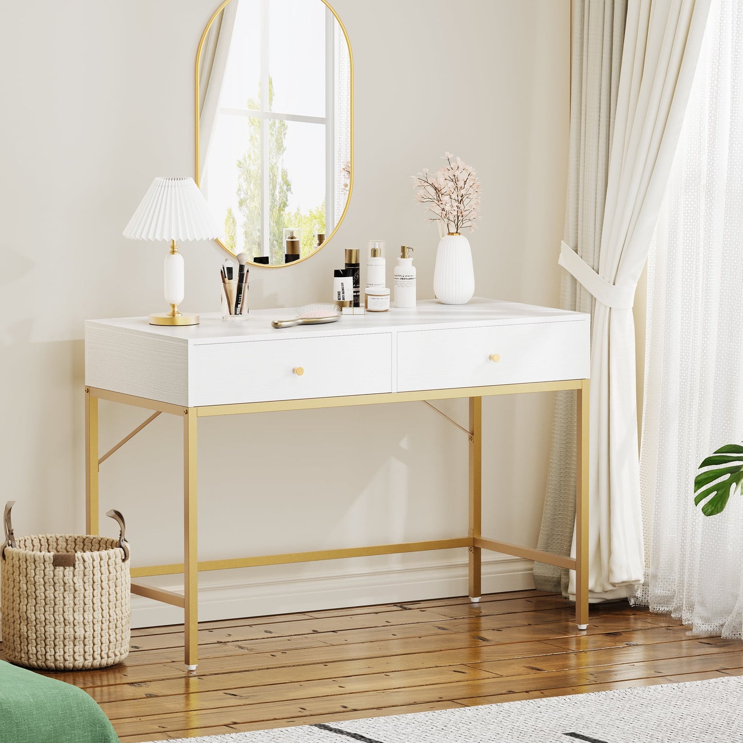47.2in White and Gold Desk with Drawers, Makeup Vanity Desk, Modern Vanity Table, Computer Desk, Makeup Dressing Table, for Bedroom and Living Room