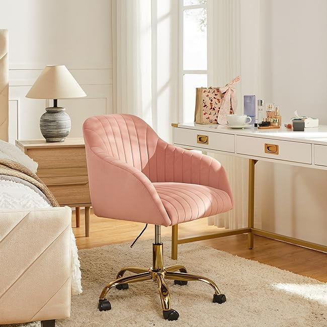 14 Karat Velvet Swivel Office Desk Chair, Pink, Rolling with Gold Legs, Adjustable Back