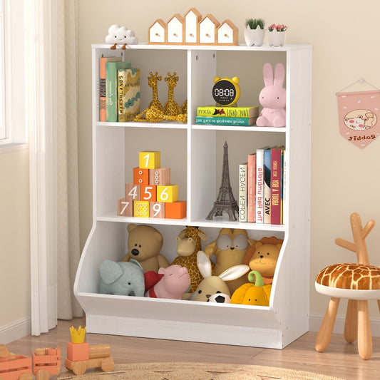 Kid's Cubby Toy Storage Cabinet, Wood Toy Organizer of 5 Bins, Children's White Bookcase, Kids Bookshelf for Bedroom Living Room