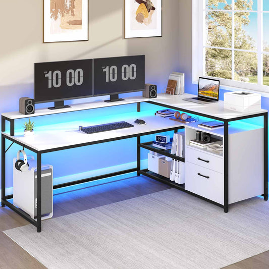 L Shaped 55in Gamer's Computer Desk with LED Lights, Adjustable Shelves, File Drawers & Headphone Hook