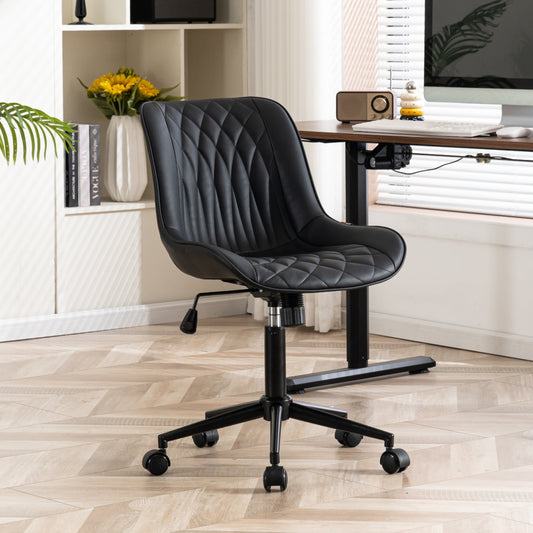 YOUNIKE Upholstered Desk Chair, Armless Computer Chair with Wheels£¬Modern Faux Leather Office Chair£¬Adjustable Swivel Rolling Chair£¬Adjustable Height£¬Suitable for Office, Home, Black