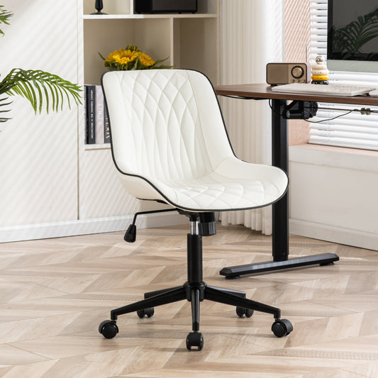 YOUNIKE Upholstered Desk Chair, Armless Computer Chair with Wheels£¬Modern Faux Leather Office Chair£¬Adjustable Swivel Rolling Chair£¬Adjustable Height£¬Suitable for Office, Home, White