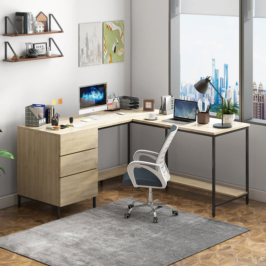 ZAFLY L Shaped Computer Desk with Drawers, Large Corner Office Desk, Modern Executive Desk, Writing Table Workstation - Original Wooden Color