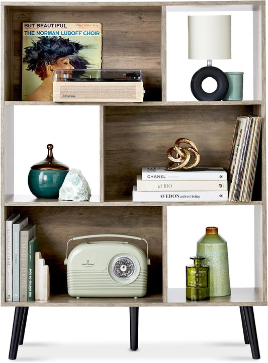 CGFHYP VGYUIJN 3-Tier Mid-Century Modern Wooden Bookcase 6-Cube Organizer for Nursery VGYUIJN Room Living Room w/Removable Back Panels Pine Legs - Gray Oak