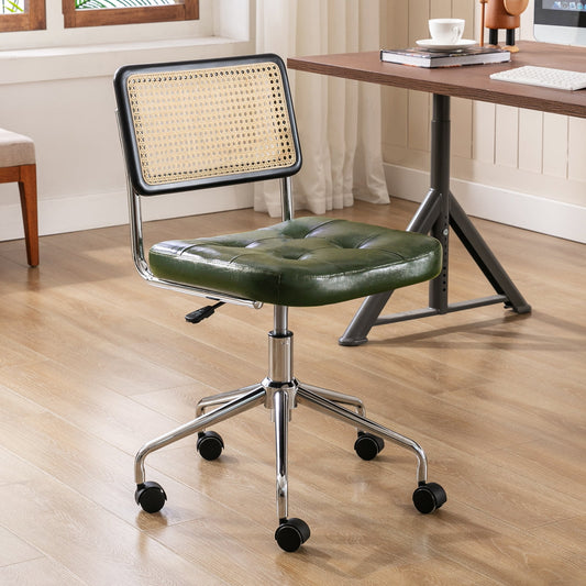Zesthouse Mid Century Faux Leather Home Office Chair with Rattan Back, 360¡ã Swivel Upholstered Desk Chair on Wheels, Tufted Computer Task Chair for Living Room & Office Room, Green