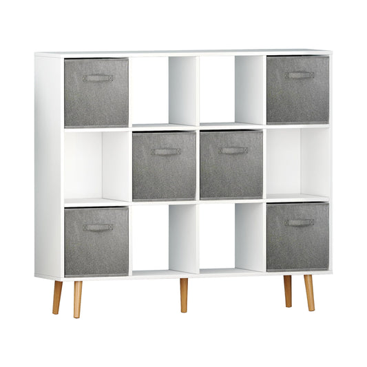 Zimtown 12-Cube Bookcase and Bookshelf, 42.1in H Free Standing Storage Organizer with 6 Fabric Bins for Living Room, Bedroom, Office, White