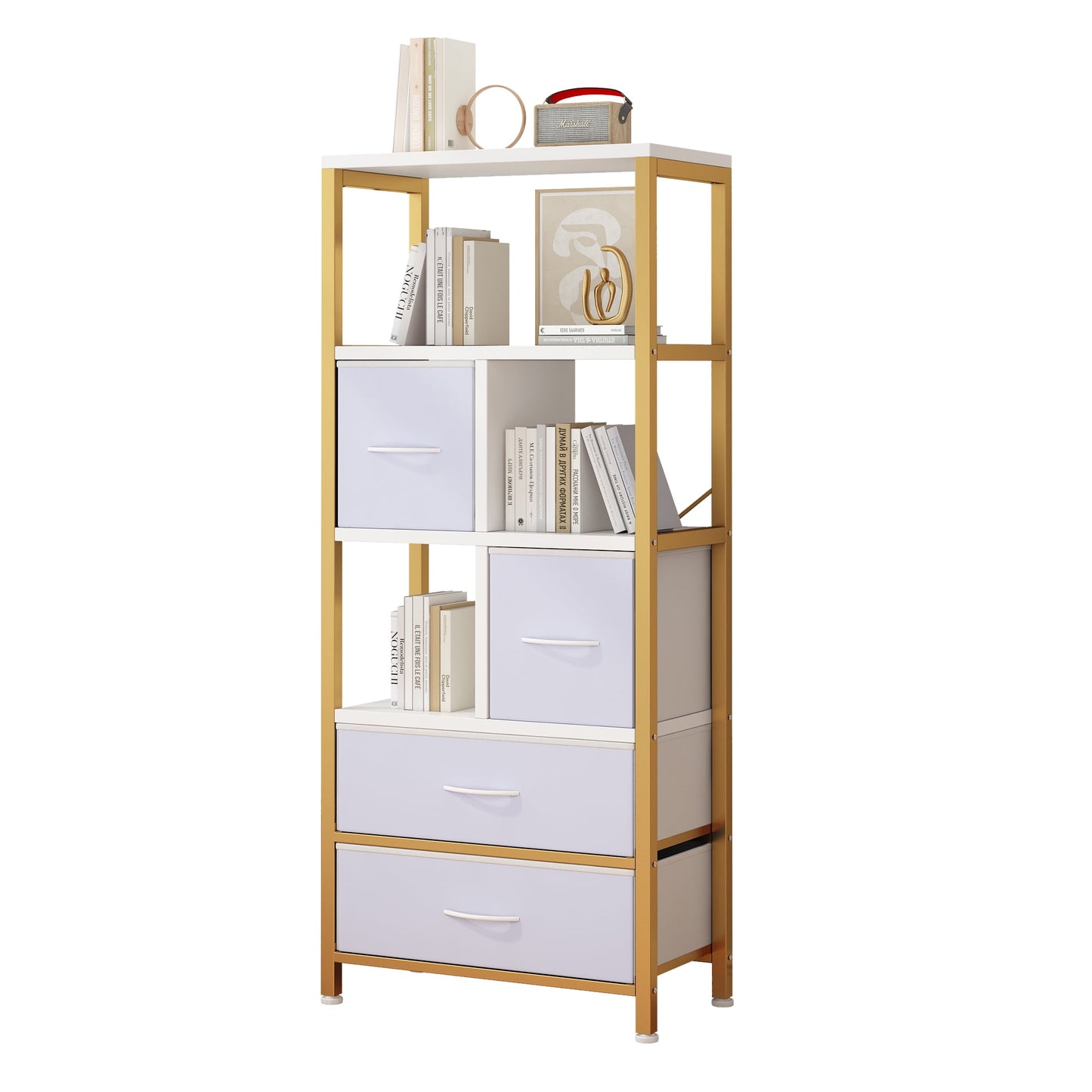 Zimtown 5-tier Iron Bookcase with 4 Drawers, Free Standing Bookshelf Storage Organizer Display shelf with Metal Frame, Gold