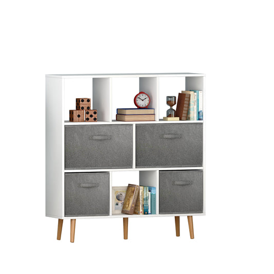 Zimtown 8-Cube Bookcase and Bookshelf, 42.1in H Free Standing Storage Organizer with 4 Fabric Bins for Living Room, Bedroom, Office, White