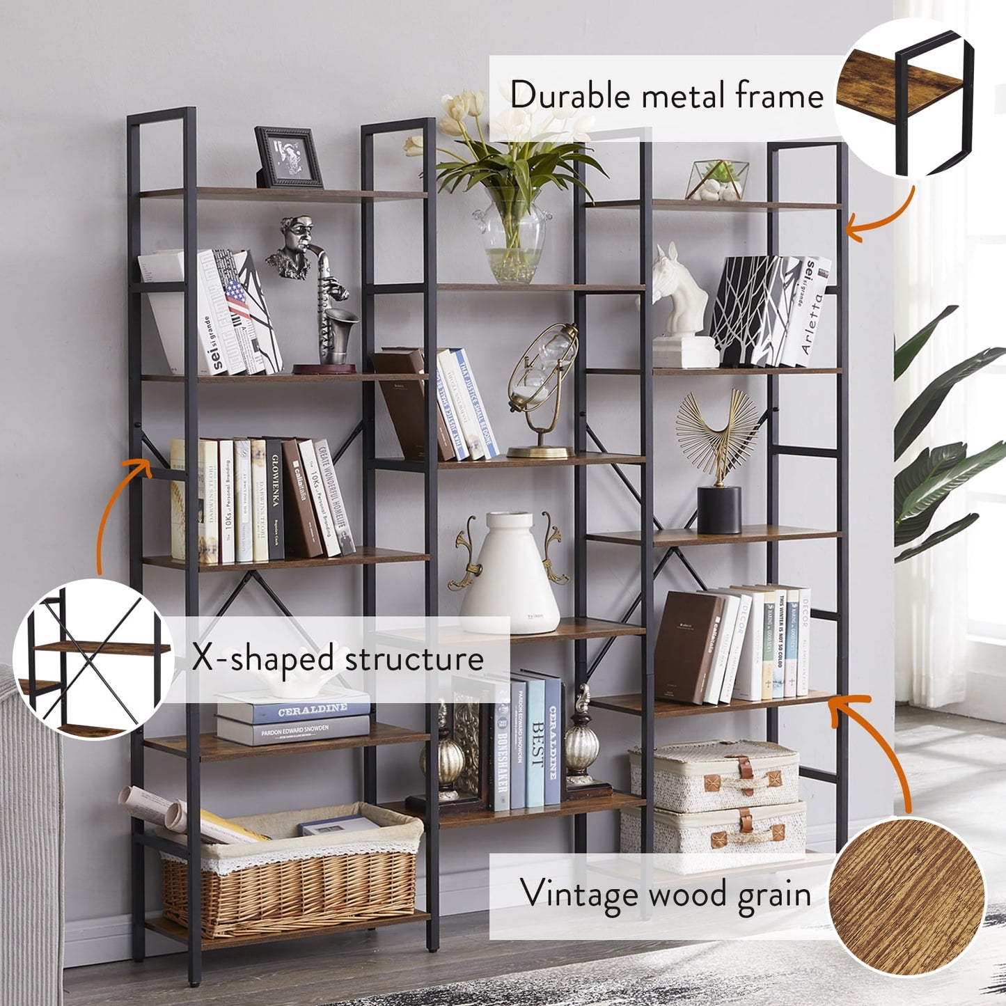 Extra Savings! SUPERJARE 5-Tier Metal Frame Bookshelf, Contemporary Design, 14 Open Display Rustic Brown Bookcase for Home & Office - Walmart.com