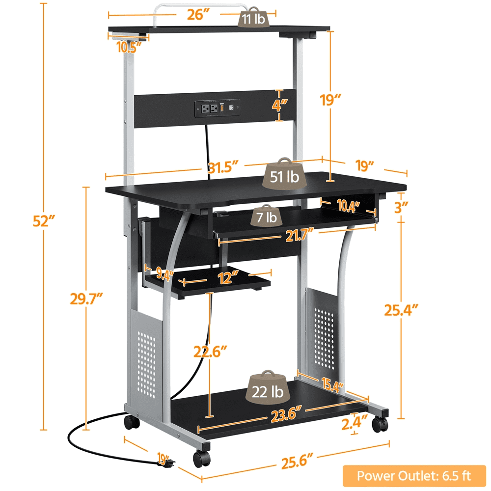 Alden Design 3 Tiers Computer Desk with Charging Station Printer Shelf for Home Office, Black