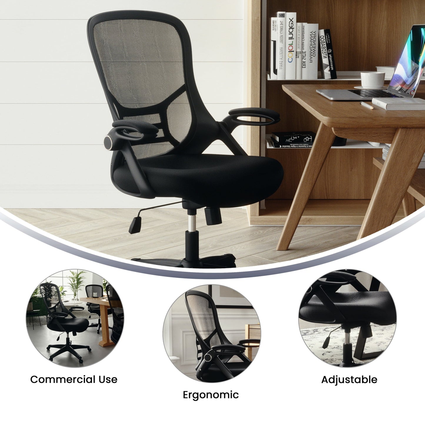 Flash Furniture Porter Ergonomic Mesh High-Back Swivel Office Chair with Flip-Up Armrests, Black
