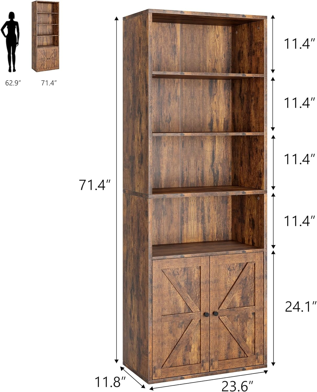 NEILA Bookcase with Doors Industrial Bookshelf 11.8 in Depth Display Storage Shelves 71.4 in Tall Farmhouse Bookcases Wooden 6 Shelf Bookshelves for Bedroom, Living Room, Home Office, Brown