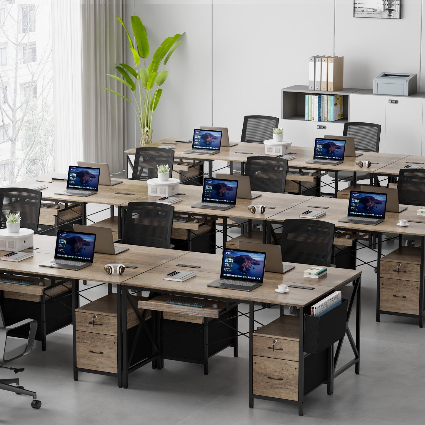 Eunon 55 inch Computer Desk with Lockable Drawers & Power Outlet & Keyboard Tray Home Office Desk, Grey