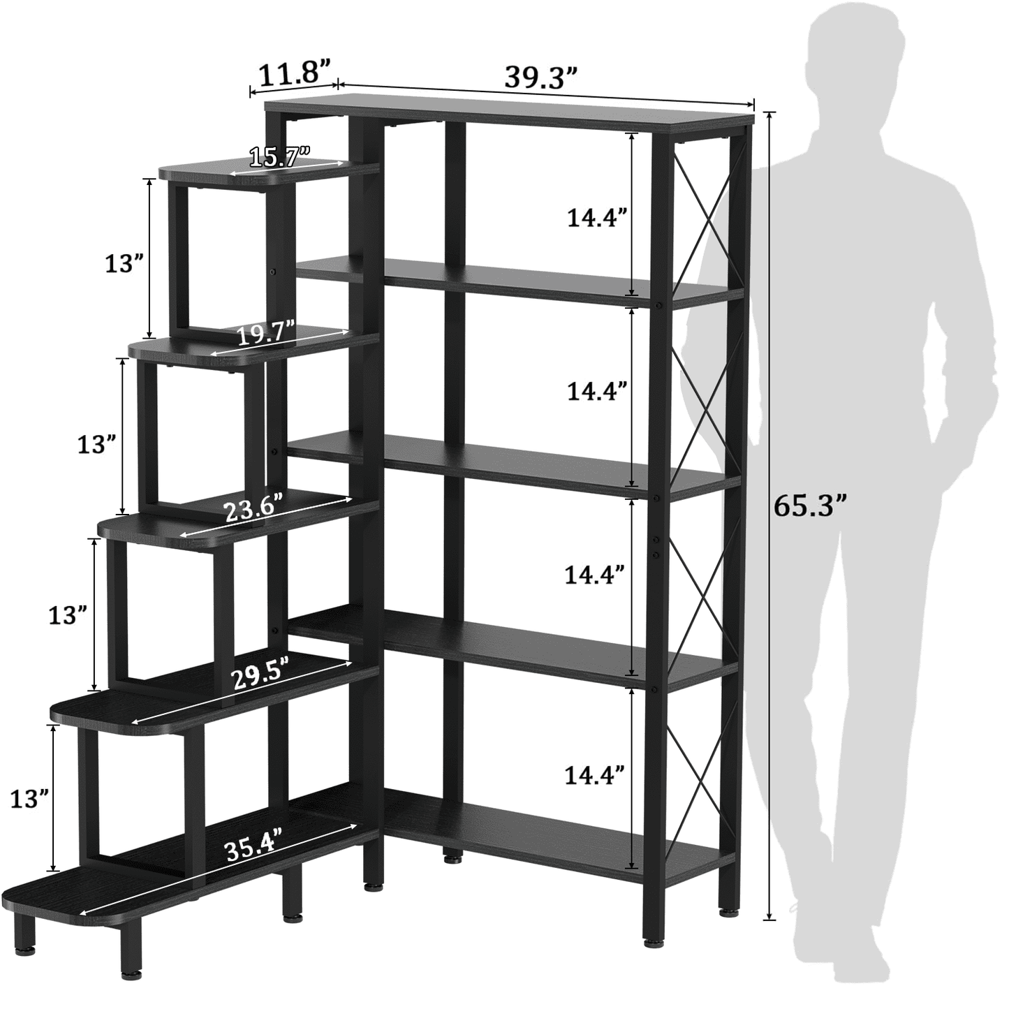 NBTiger 5- Shelf Study Corner Bookshelf, L-Shaped Large Reversible Bookcase Storage Organizer Open Display Freestanding Storage, Black