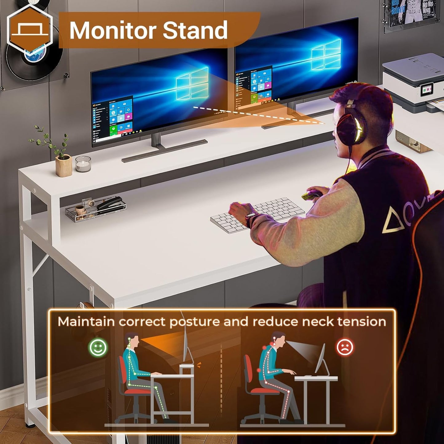 L Shaped 55in Gamer's Computer Desk with LED Lights, Adjustable Shelves, File Drawers & Headphone Hook