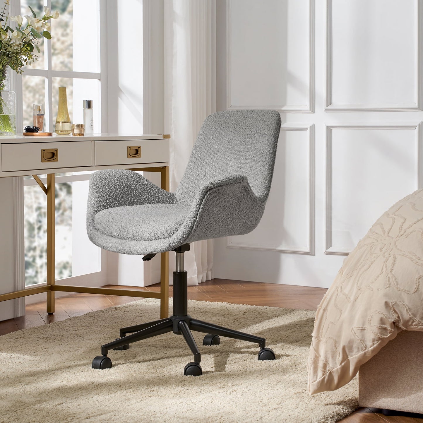 Boucle Home Office Chair Swivel Rolling Computer Task Armrest Vanity Chair Adjustable Height Bedroom Living Room, Grey