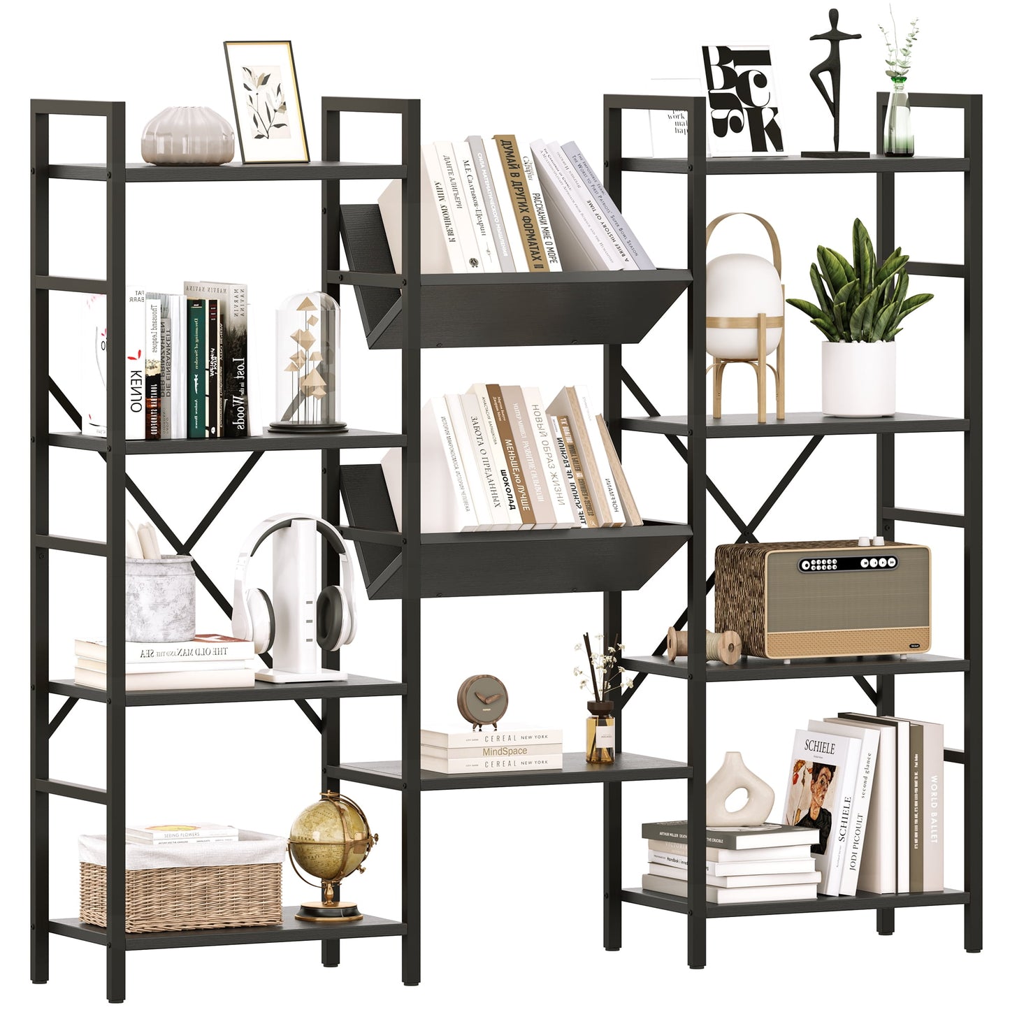 NEILA Triple Wide 4-Tier Bookshelf Bookcase with Open Display Rack V-Shaped Storage Shelf, Large Book Shelves with Metal Frame & Wood Top for Living Room, Bedroom, Home Office, Rustic Black