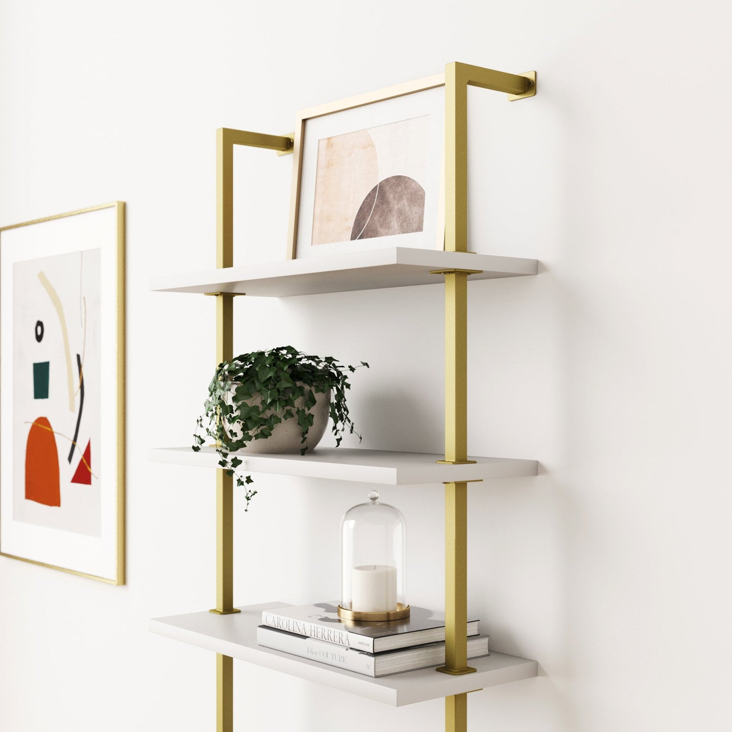 Nathan James Theo 6-Shelf Tall Bookcase Wall Mount Bookshelf White Wood with Gold Brass Metal Frame White/Gold