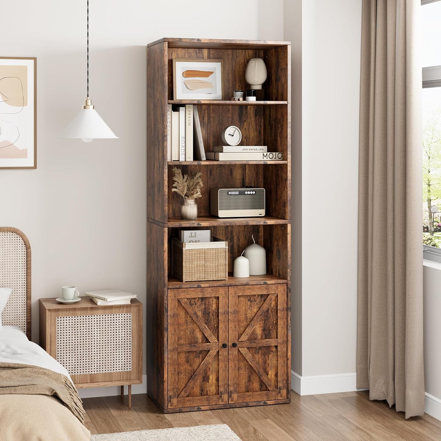 NEILA Bookcase with Doors Industrial Bookshelf 11.8 in Depth Display Storage Shelves 71.4 in Tall Farmhouse Bookcases Wooden 6 Shelf Bookshelves for Bedroom, Living Room, Home Office, Brown